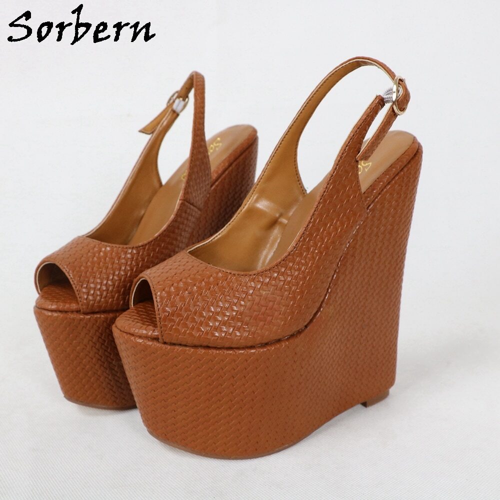 Sorbern Fashion Brown Waved Slingback Shoes Pump High Heels Peep Toe Comfortable Wedges Platform Summer Shoes New Custom Color