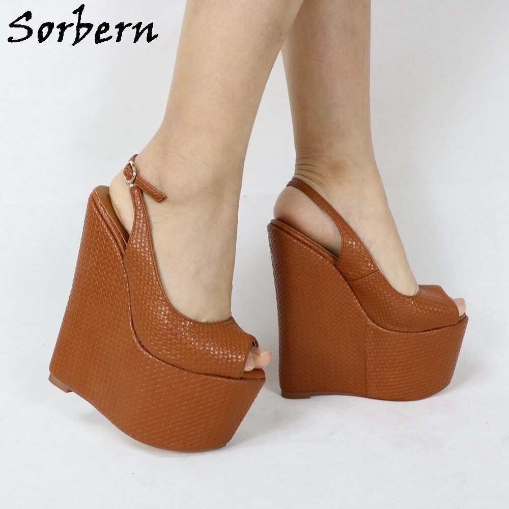 Sorbern Fashion Brown Waved Slingback Shoes Pump High Heels Peep Toe Comfortable Wedges Platform Summer Shoes New Custom Color