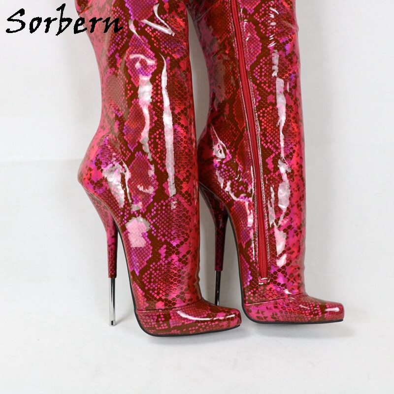 Sorbern Holo Python Knee High Boots Ballet Stilettos 18Cm High Heel Shoes Custom Calf Fit Shoe Size 12 Heels Cute Boots Women