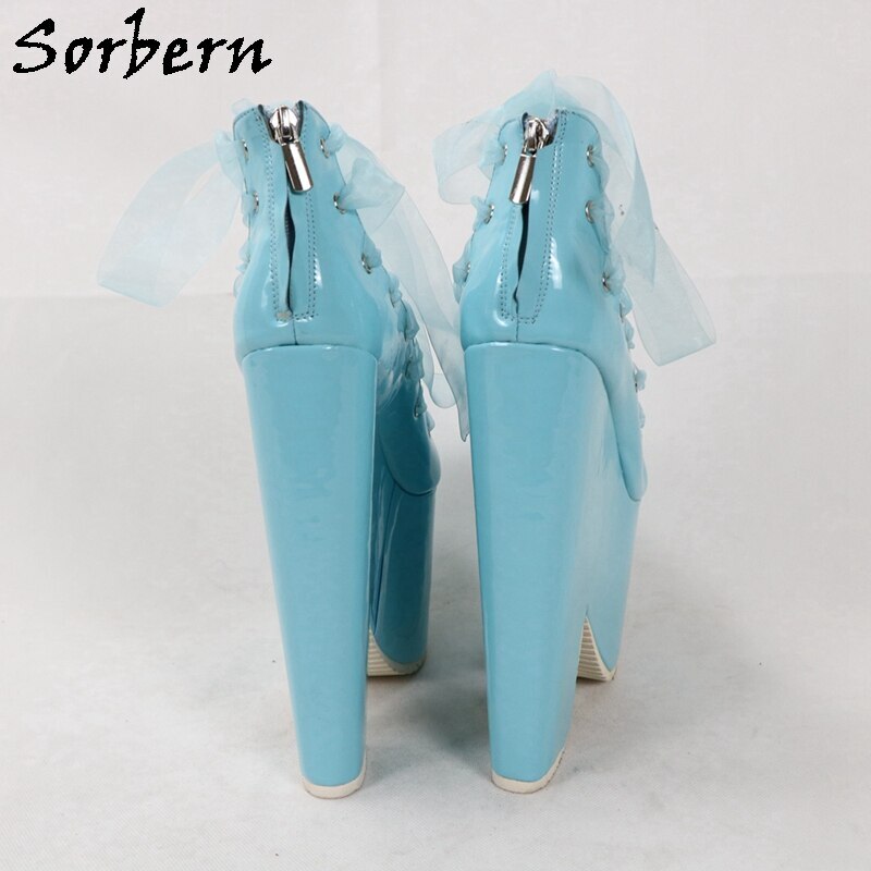 Sorbern Sky Blue Shiny Women Sandals Block Heel Platform Shoes Lace Up Summer Shoes Chunky Heels Plus Size 2020 NewCustom Colors