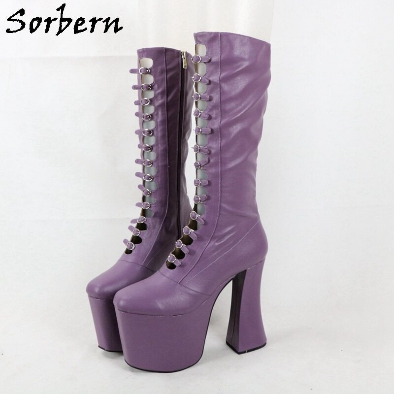 Sorbern Luxury Women Boots Chunky High Heel Round Toe Buckle Strap