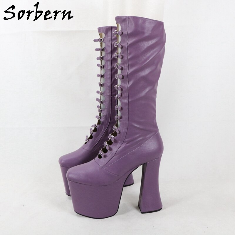 Sorbern Luxury Women Boots Chunky High Heel Round Toe Buckle Strap