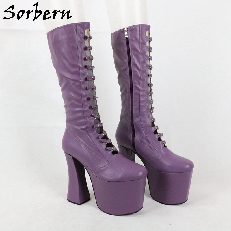 Sorbern Luxury Women Boots Chunky High Heel Round Toe Buckle Strap