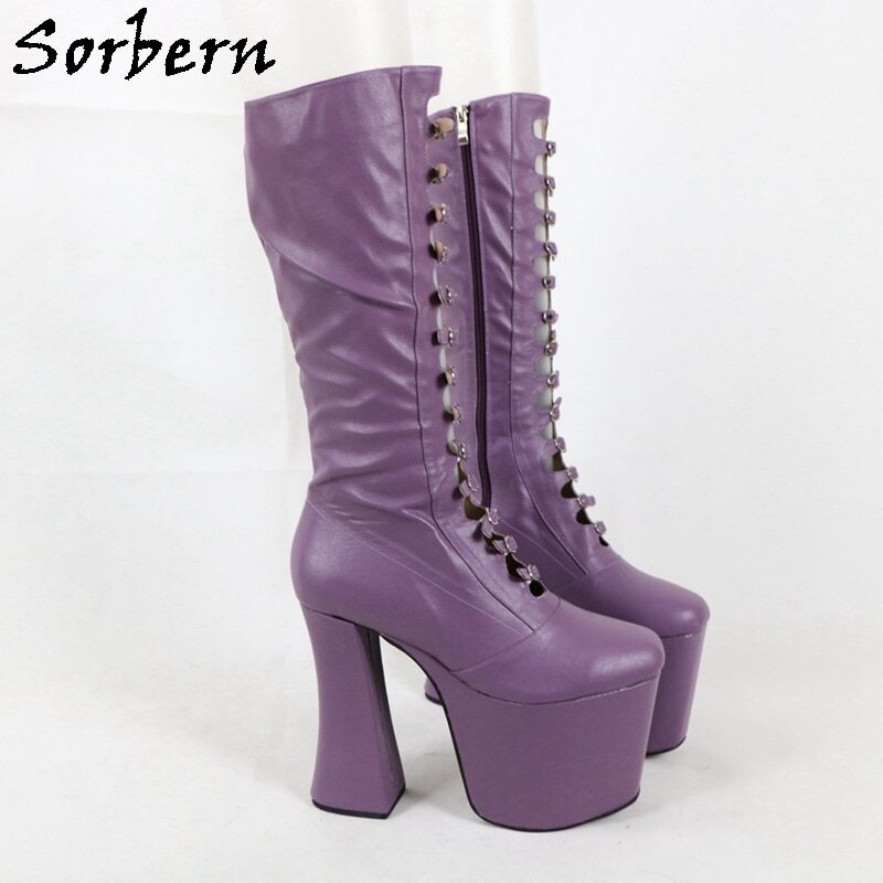 Sorbern Luxury Women Boots Chunky High Heel Round Toe Buckle Strap