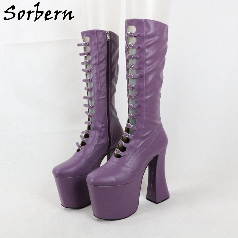 Sorbern Luxury Women Boots Chunky High Heel Round Toe Buckle Strap