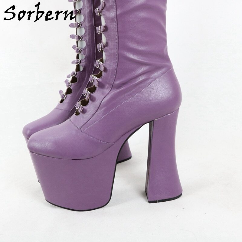 Sorbern Luxury Women Boots Chunky High Heel Round Toe Buckle Strap