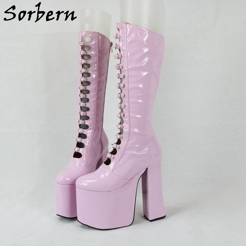 Sorbern Luxury Women Boots Chunky High Heel Round Toe Buckle Strap