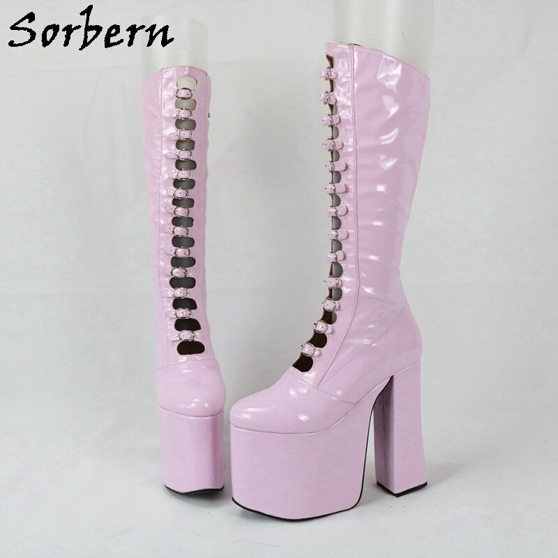 Sorbern Luxury Women Boots Chunky High Heel Round Toe Buckle Strap