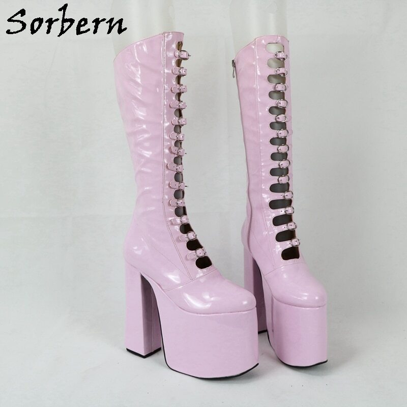 Sorbern Luxury Women Boots Chunky High Heel Round Toe Buckle Strap