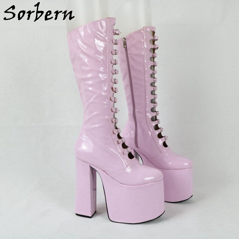 Sorbern Luxury Women Boots Chunky High Heel Round Toe Buckle Strap