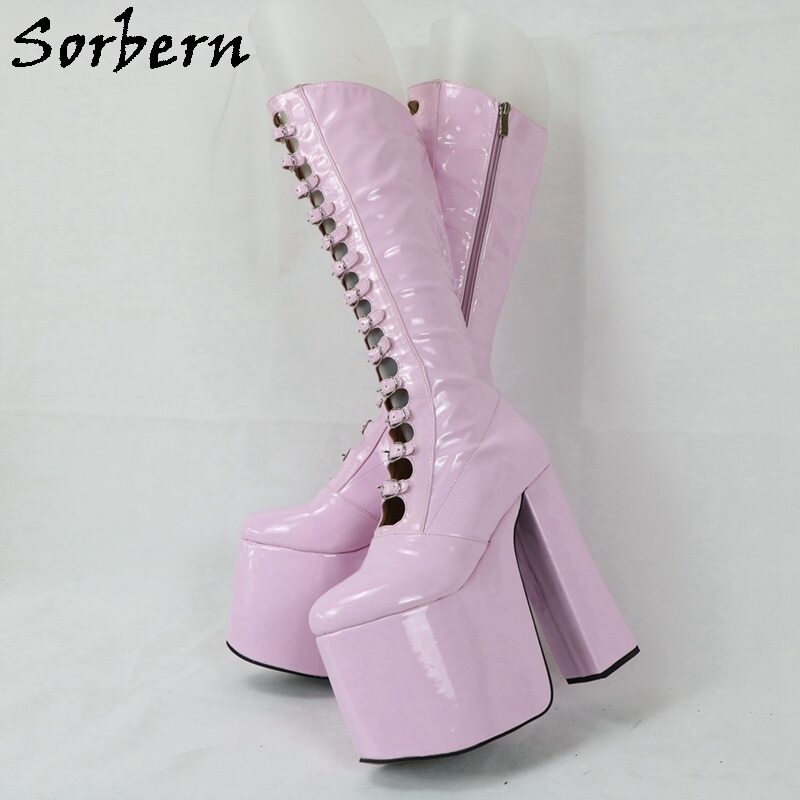 Sorbern Luxury Women Boots Chunky High Heel Round Toe Buckle Strap