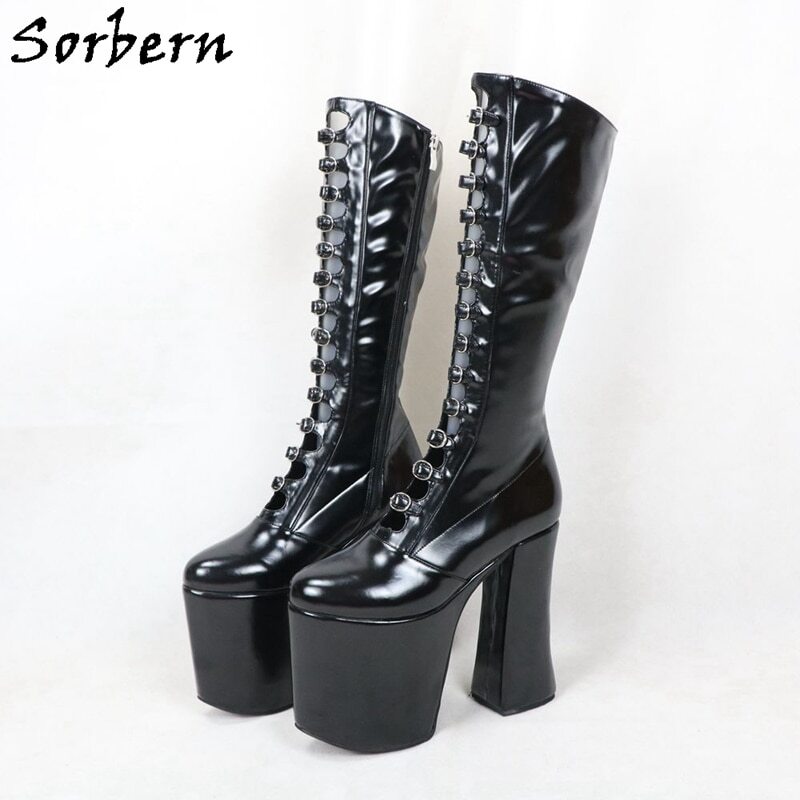 Sorbern Luxury Women Boots Chunky High Heel Round Toe Buckle Strap