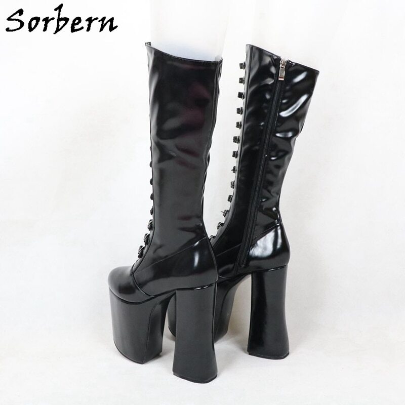 Sorbern Luxury Women Boots Chunky High Heel Round Toe Buckle Strap