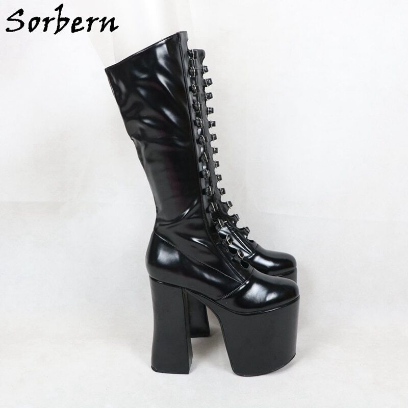 Sorbern Luxury Women Boots Chunky High Heel Round Toe Buckle Strap