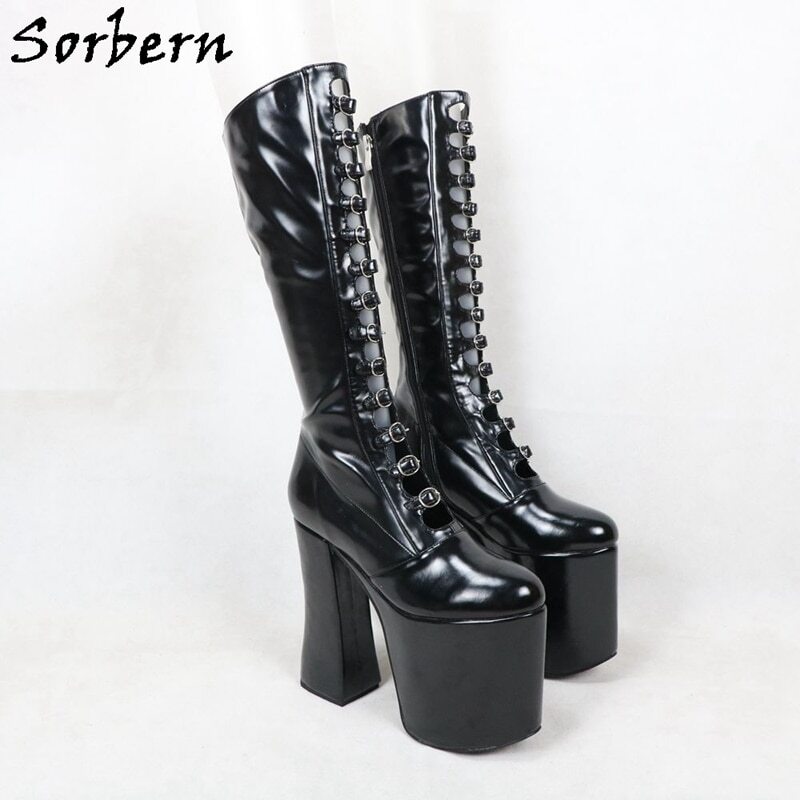 Sorbern Luxury Women Boots Chunky High Heel Round Toe Buckle Strap