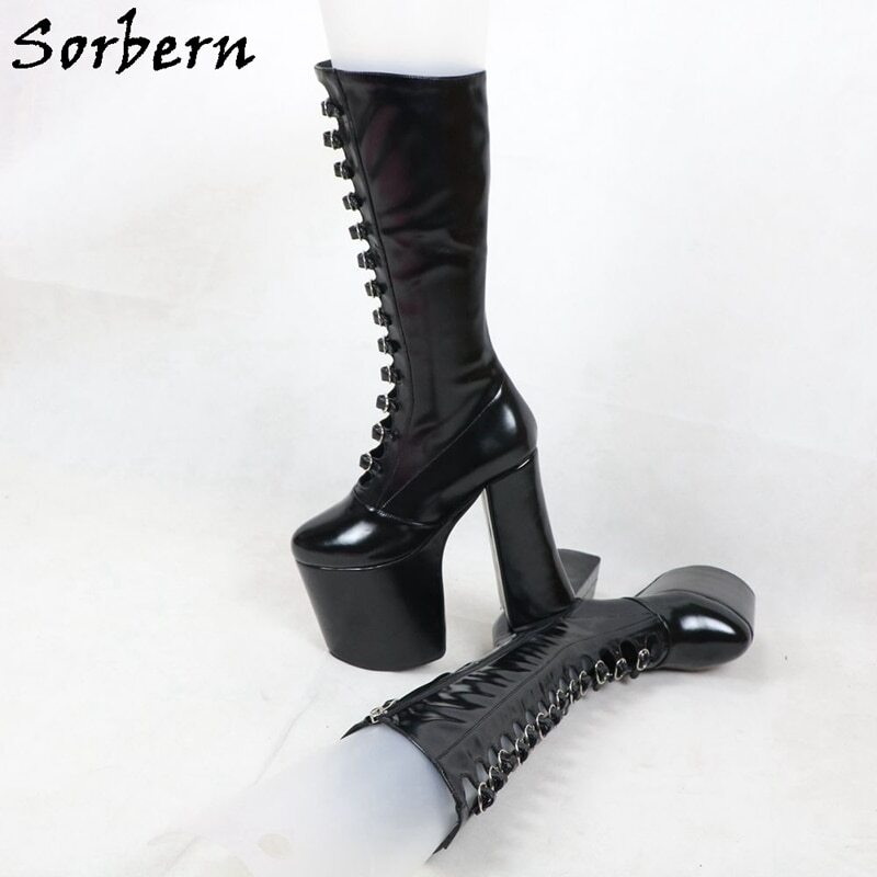 Sorbern Luxury Women Boots Chunky High Heel Round Toe Buckle Strap