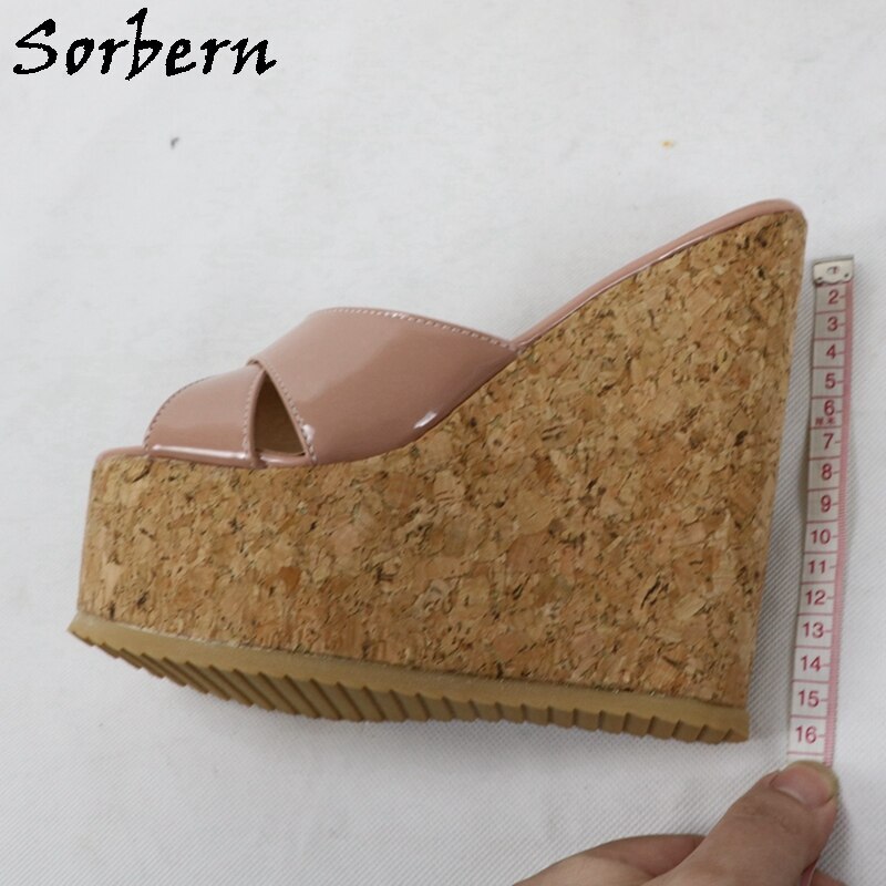 Sorbern Fashion Nude Patent Women Sandal Crok Wedges Slip On Summer Shoes Platform Comfortable 17Cm Cross Bands Open Toe Slide
