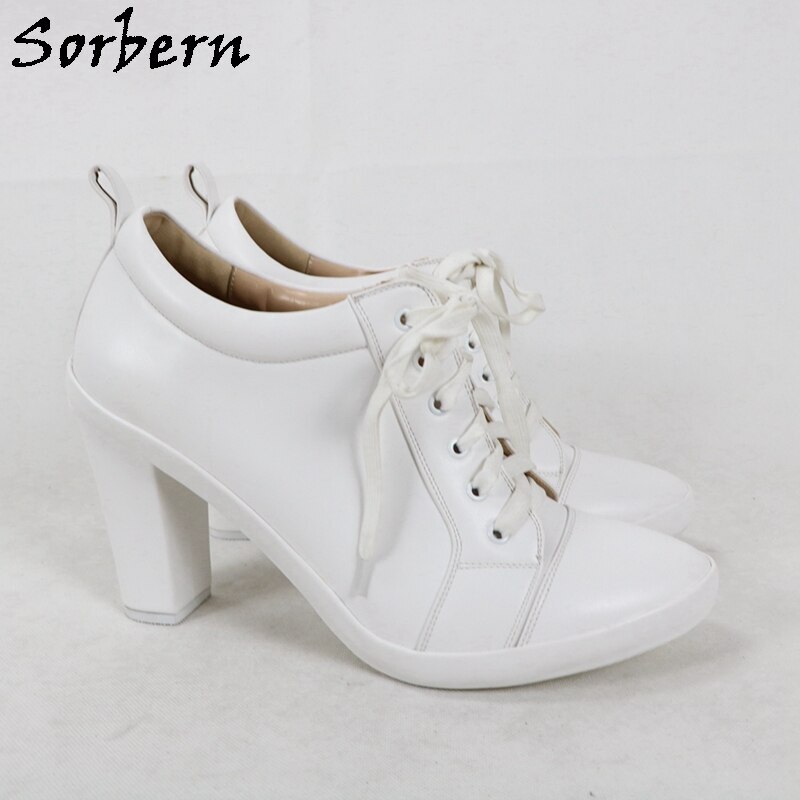Sorbern Fashion White Pump Shoes Women Lace Up Chunky Heelled Block High Heel Sneakers Lady Shoe Round Toe Platform Custom Color