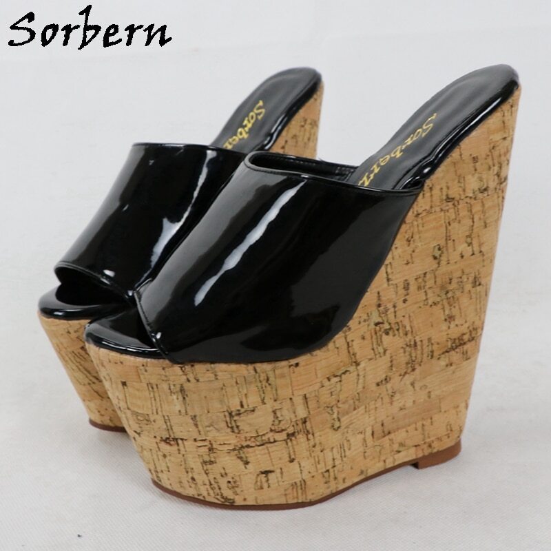 Sorbern Black Patent Women Slippers Crok Wedges Slip On Summer Shoes Platform Comfortable 17Cm