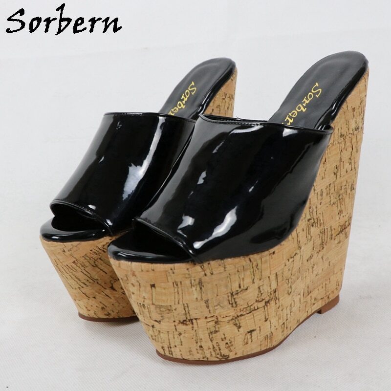 Sorbern Black Patent Women Slippers Crok Wedges Slip On Summer Shoes Platform Comfortable 17Cm