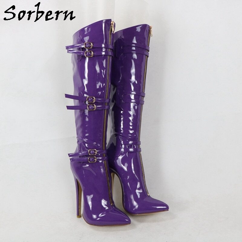 Sorbern Purple Patent Knee High Boots Women High Heel Stilettos Buckle Straps Custom Wide Or Slim Fit Legs Pointy Toe Size 36