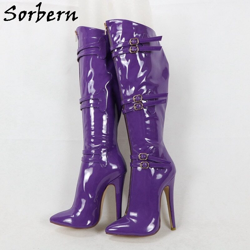 Sorbern Purple Patent Knee High Boots Women High Heel Stilettos Buckle Straps Custom Wide Or Slim Fit Legs Pointy Toe Size 36