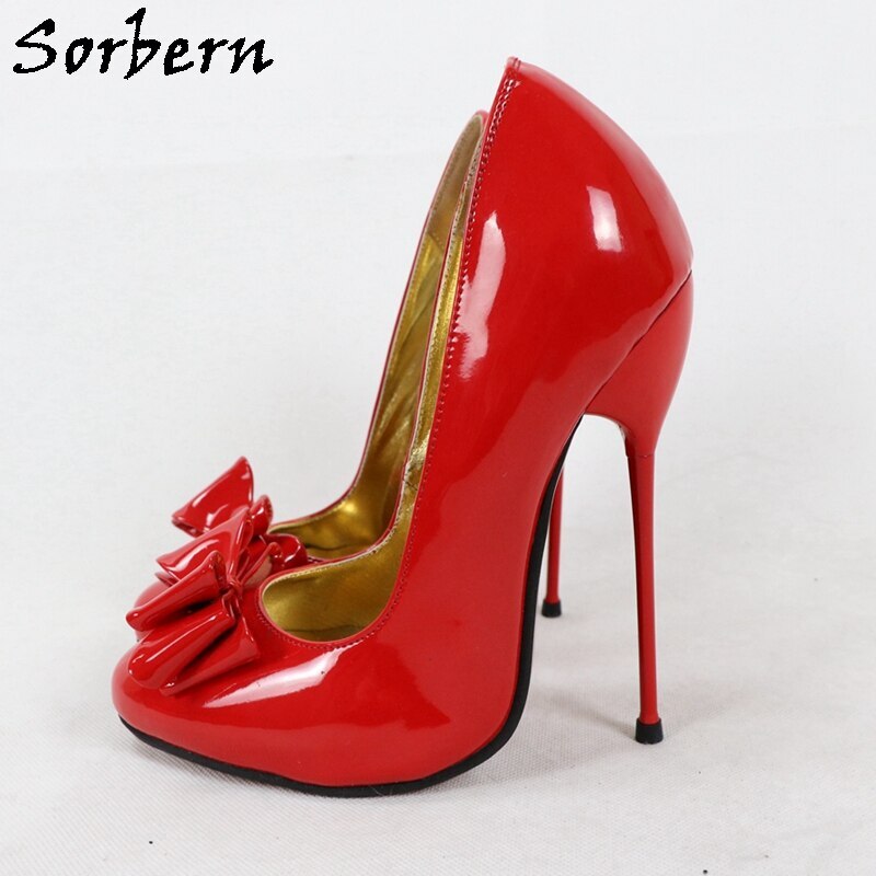 Sorbern Red Heels Height Women Shoe 33 Bow Shoes Cute Round Toe Slip Low Elegant Woman Shoes Summer 12Cm 13Cm 14Cm 15Cm 16Cm