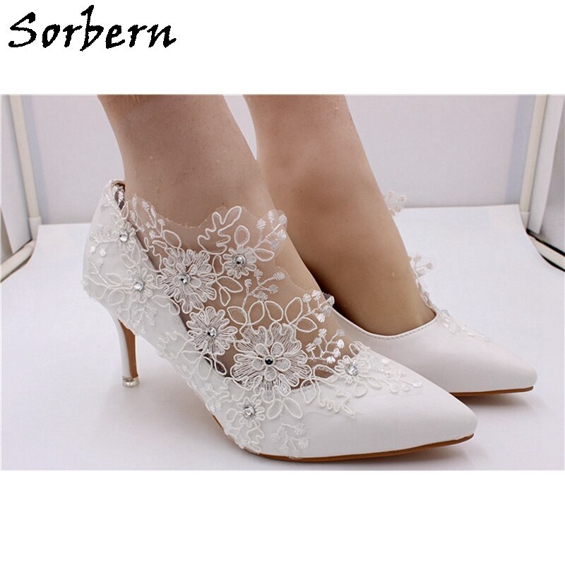 Sorbern Elegant White Wedding Shoes High Heels 7Cm Pointed Toe Lace Appliques Mesh Flowers Crystal Sparked Bridal Shoes