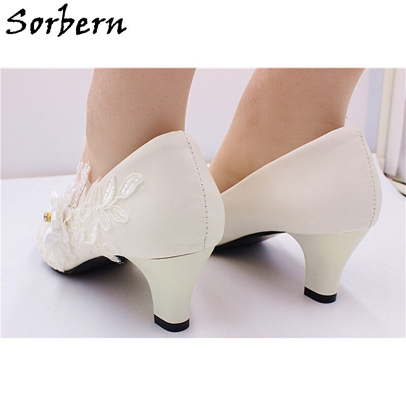 Sorbern elegant white wedding shoes kitten heel pump slip on comfortable bridal shoe flowers lace applique cute pointy toes