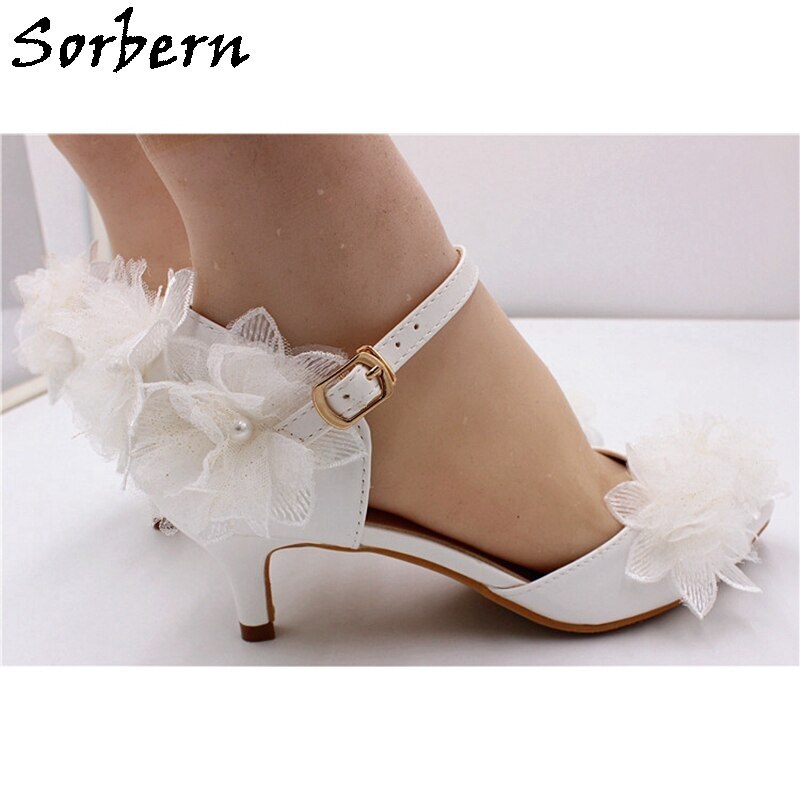Sorbern 5cm White Flowers Wedding Shoes Kitten Heels Ankle Straps Pointy Toe Two Piece Lady Pumps Bridal Shoe Low Heels