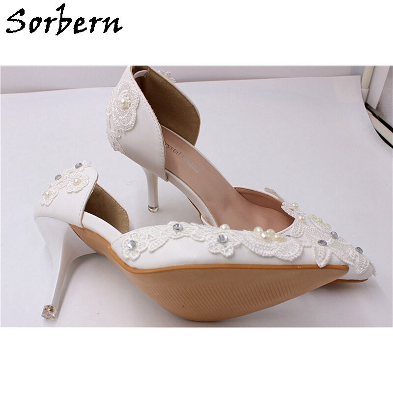 Sorbern Sexy Two Piece Slip On Pointed Toe Wedding Shoes Crystals Lace Appliques Stilettos High Heels 7Cm Brides Shoes