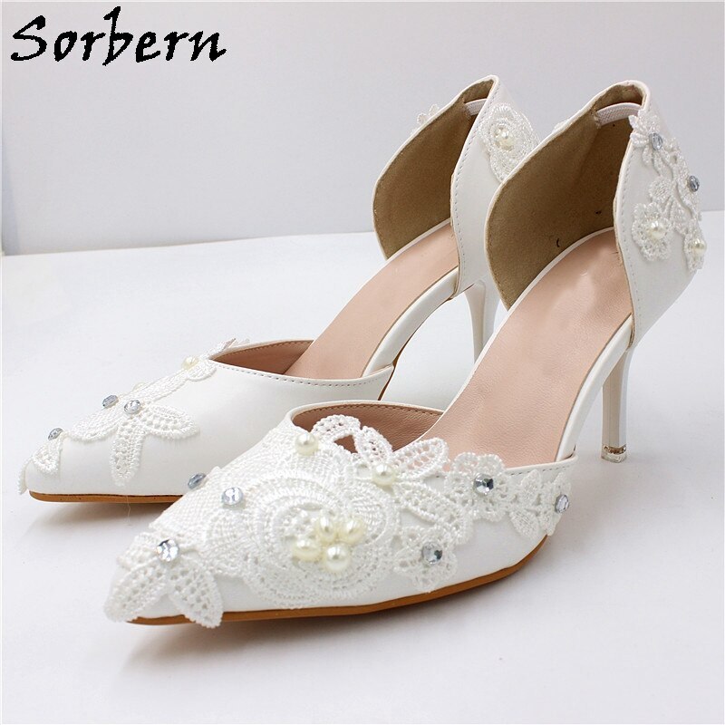 Sorbern Sexy Two Piece Slip On Pointed Toe Wedding Shoes Crystals Lace Appliques Stilettos High Heels 7Cm Brides Shoes