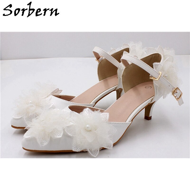 Sorbern 5cm White Flowers Wedding Shoes Kitten Heels Ankle Straps Pointy Toe Two Piece Lady Pumps Bridal Shoe Low Heels