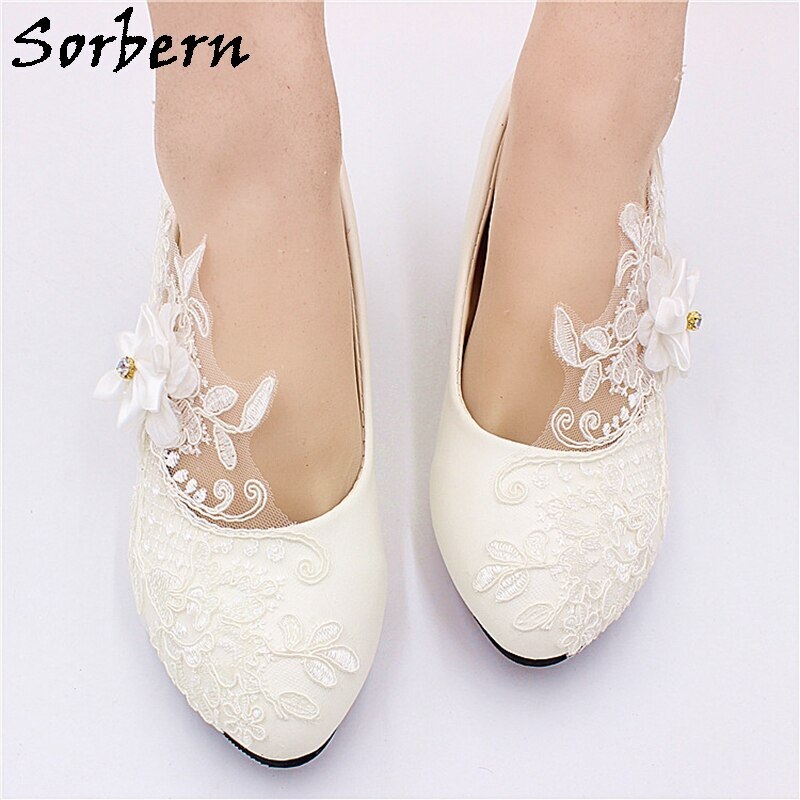 Sorbern elegant white wedding shoes kitten heel pump slip on comfortable bridal shoe flowers lace applique cute pointy toes