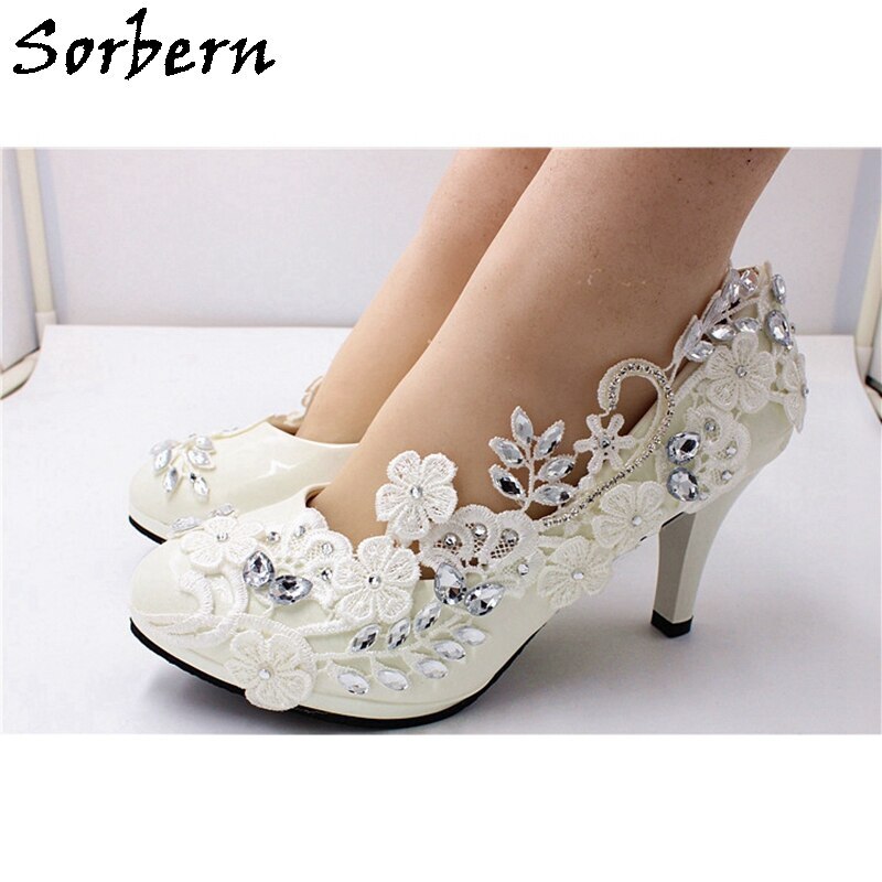 Sorbern Luxury Lace Applique Wedding Shoes Flowers Crystals Sparkings Kitten High Heel Bridal Shoes 3Cm 5Cm 8Cm Pumps