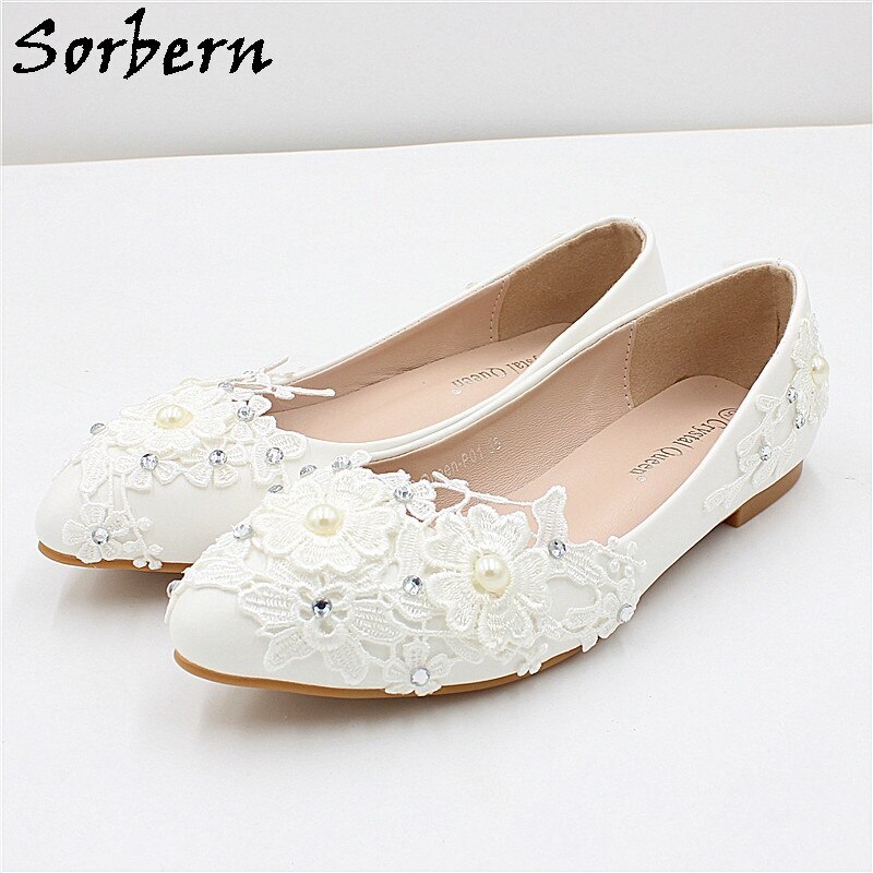 Sorbern Sweet Lace Appliques Bridal Shoes Slip On Crystal Pearls Wedding Flat Shoe For Bridesmaid Girls Comfortable Shoes