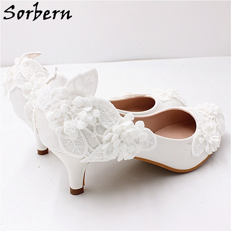 Sorbern Elegant Kitten Heels Wedding Shoes Pump Stilettos White Flowers Appliques 5Cm Low Heels Slip On Big Size 9.5