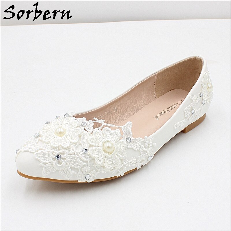 Sorbern Sweet Lace Appliques Bridal Shoes Slip On Crystal Pearls Wedding Flat Shoe For Bridesmaid Girls Comfortable Shoes