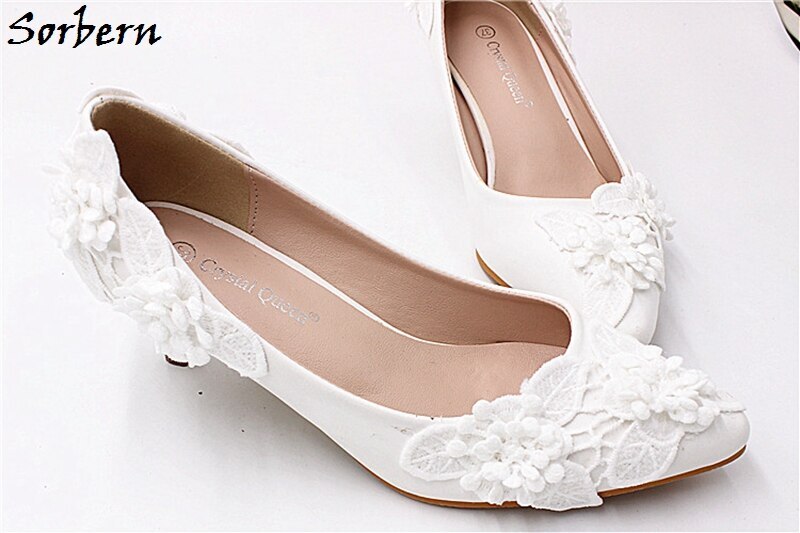Sorbern Elegant Kitten Heels Wedding Shoes Pump Stilettos White Flowers Appliques 5Cm Low Heels Slip On Big Size 9.5