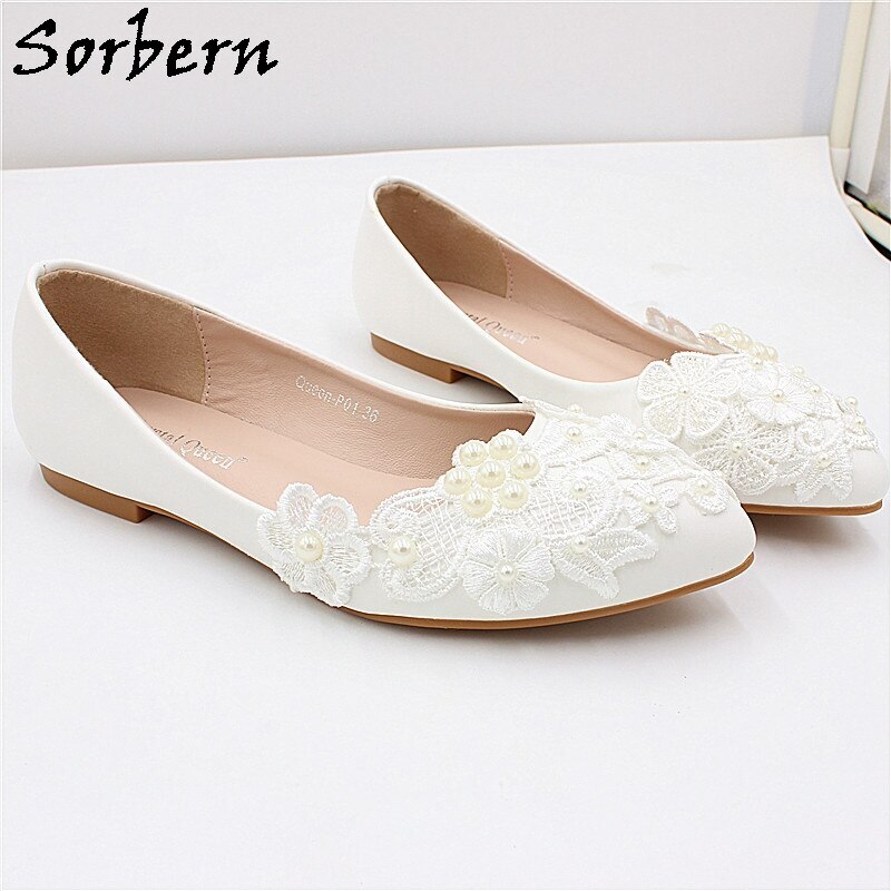 Sorbern Elegant White Lace Appliques Beads Slip On Comfortable Bridesmaid Flat Shoe For Maternity Ladies Big Size Us9.5