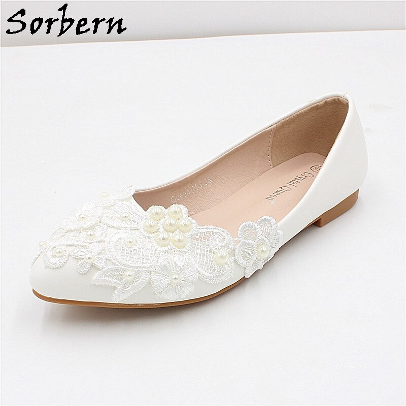 Sorbern Elegant White Lace Appliques Beads Slip On Comfortable Bridesmaid Flat Shoe For Maternity Ladies Big Size Us9.5