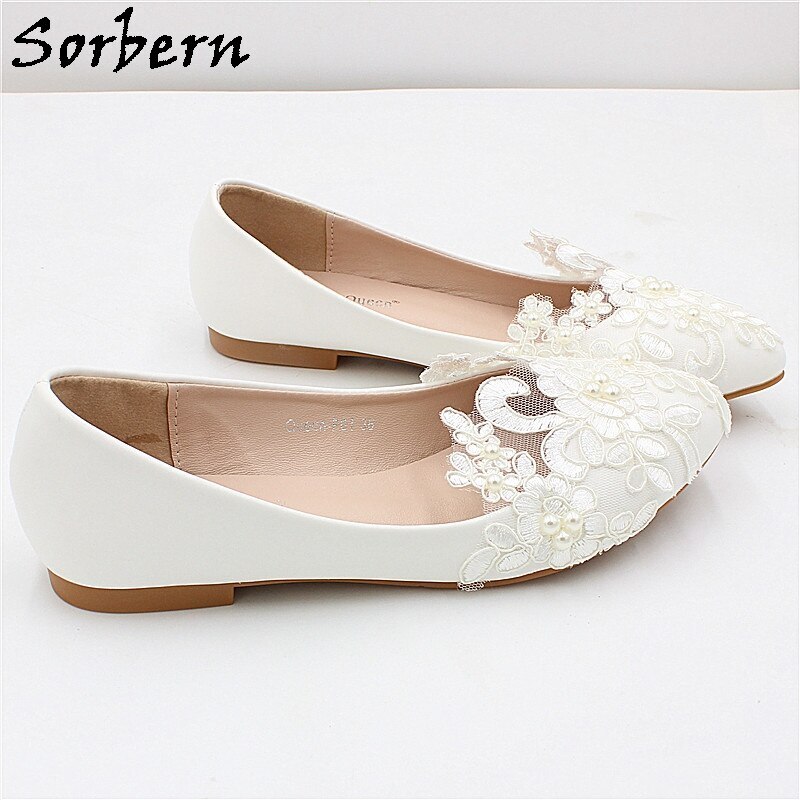 Sorbern Fashion Lace Wedding Flat Shoes Pointed Toe Pearls Soft Sole Bridesmaid Girls Shoes Slip On Size Us 4- Us10