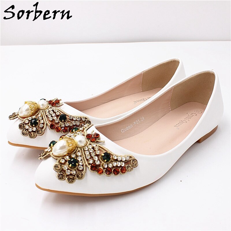 Sorbern Large Size Bridal Shoes Flats Pregnant Women Wedding Shoes Ladies White Flat Heel Multi Color Pearls Bridesmaids Shoes