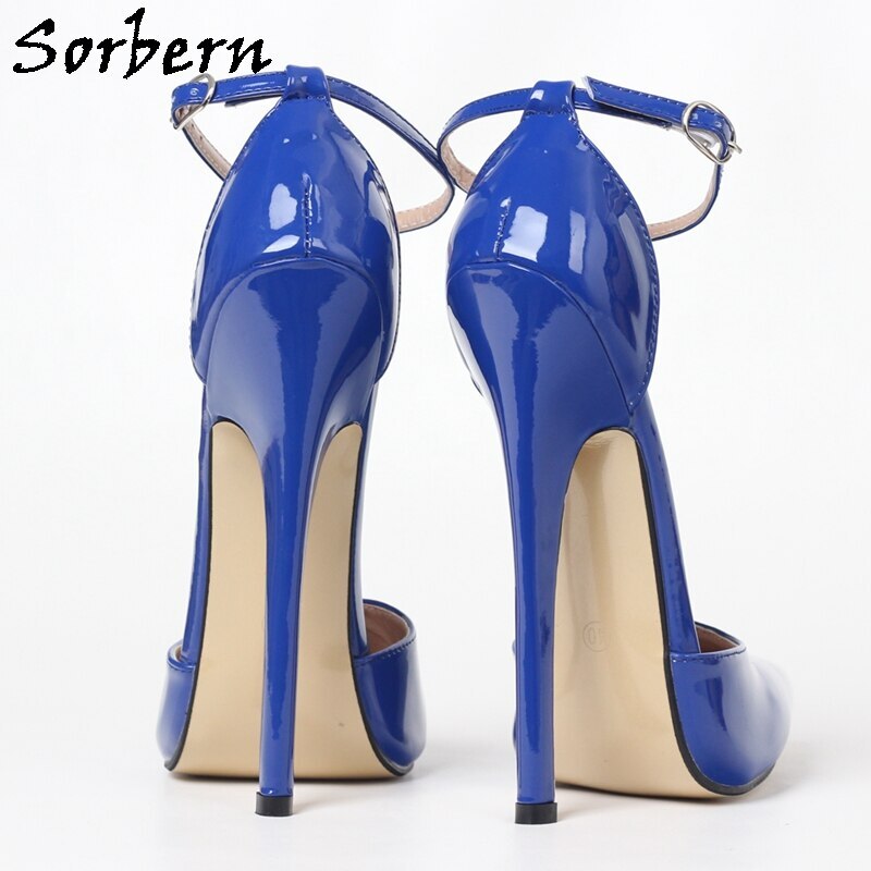 Sorbern Sexy Ankle Strap Women Pump Pointed Toe 18Cm High Heel Patent Blue Shiny Lady Shoes Crossdresser Stilettos Custom Color