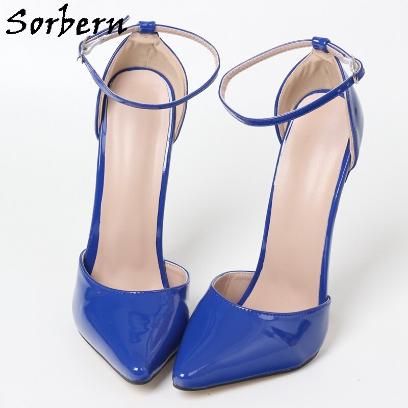 Sorbern Sexy Ankle Strap Women Pump Pointed Toe 18Cm High Heel Patent Blue Shiny Lady Shoes Crossdresser Stilettos Custom Color