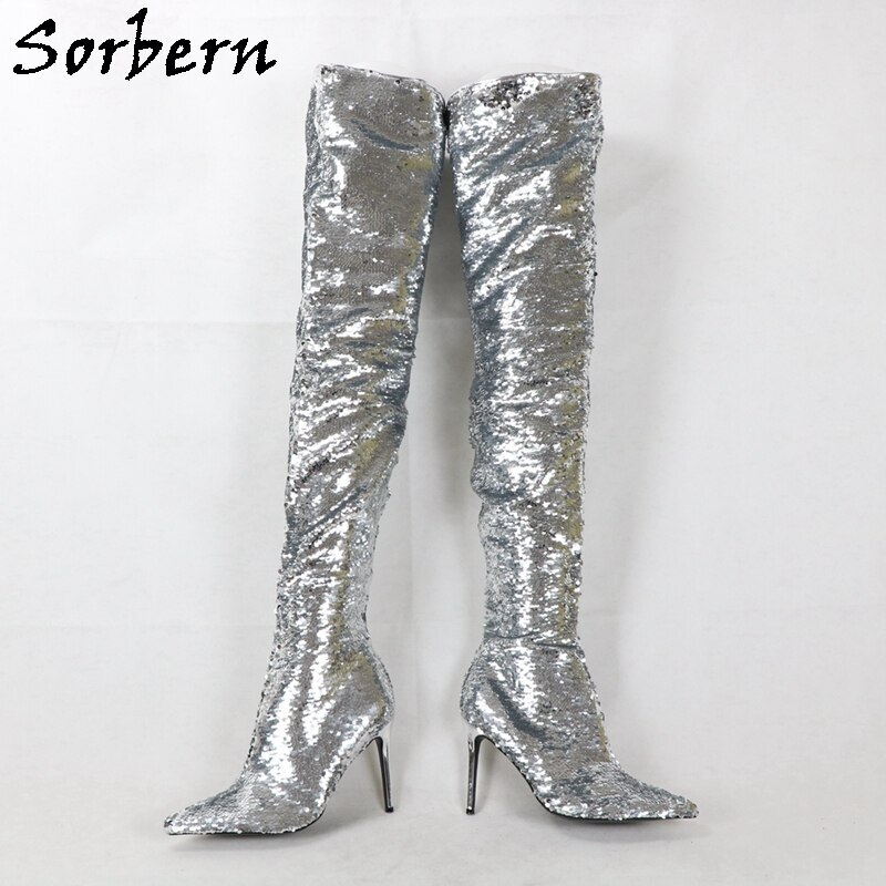 Sorbern Silver Blingbling Boots Women Over The Knee High Pointed Toe High Heel Stilettos Sequins Crossdresser Guys Boot Custom