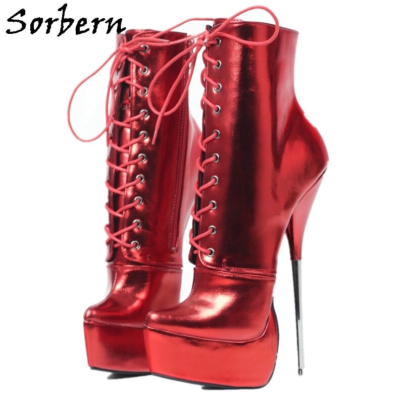 Sorbern Red Metallic Matt Ankle Boots Women Metal High Heel Ballet Pointed Toe Booties For Transfer Guys