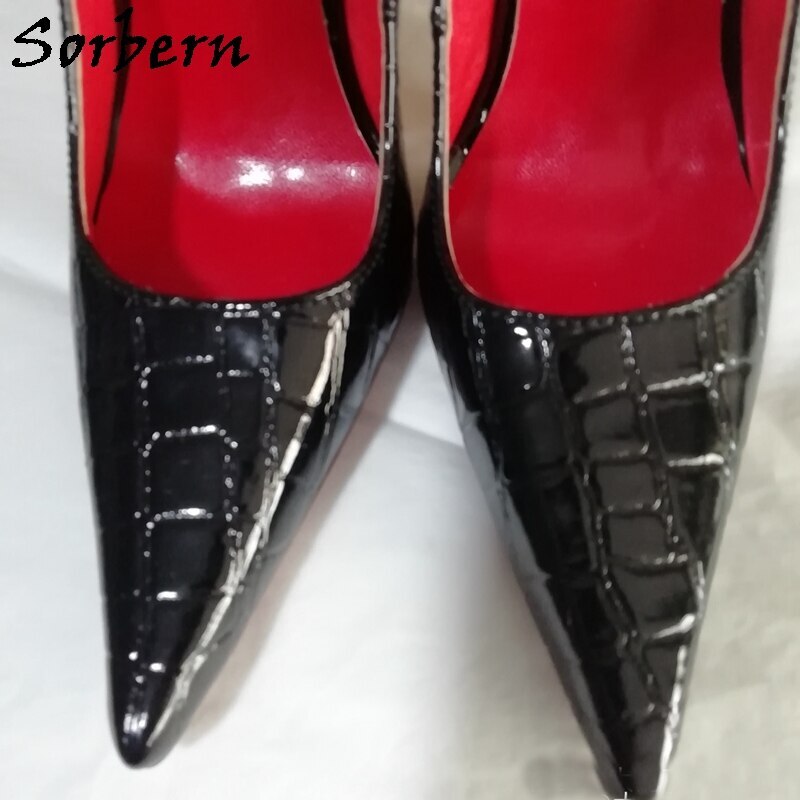 Sorbern Black Crocodile Shiny Women Pump High Heel Metal Stilettos Pointed Toe Slip On Night Club Party Shoes For Crossdresser