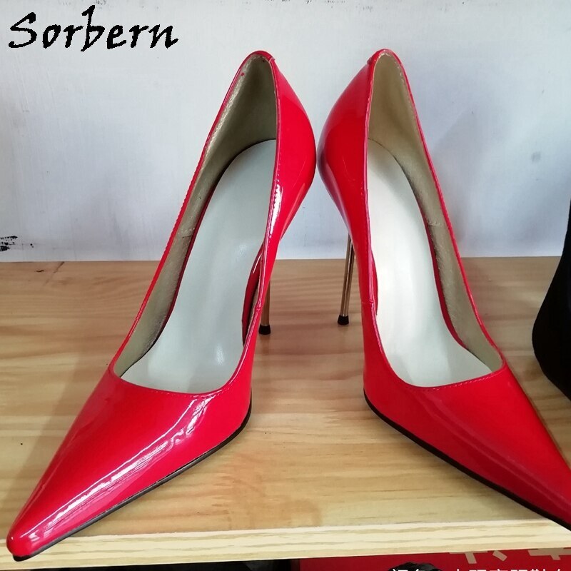 Sorbern Red Shiny Women Pump Dress Shoes Gold Metal High Heels Pointed Toe Slip On Club Footwear 13Cm Custom Colors