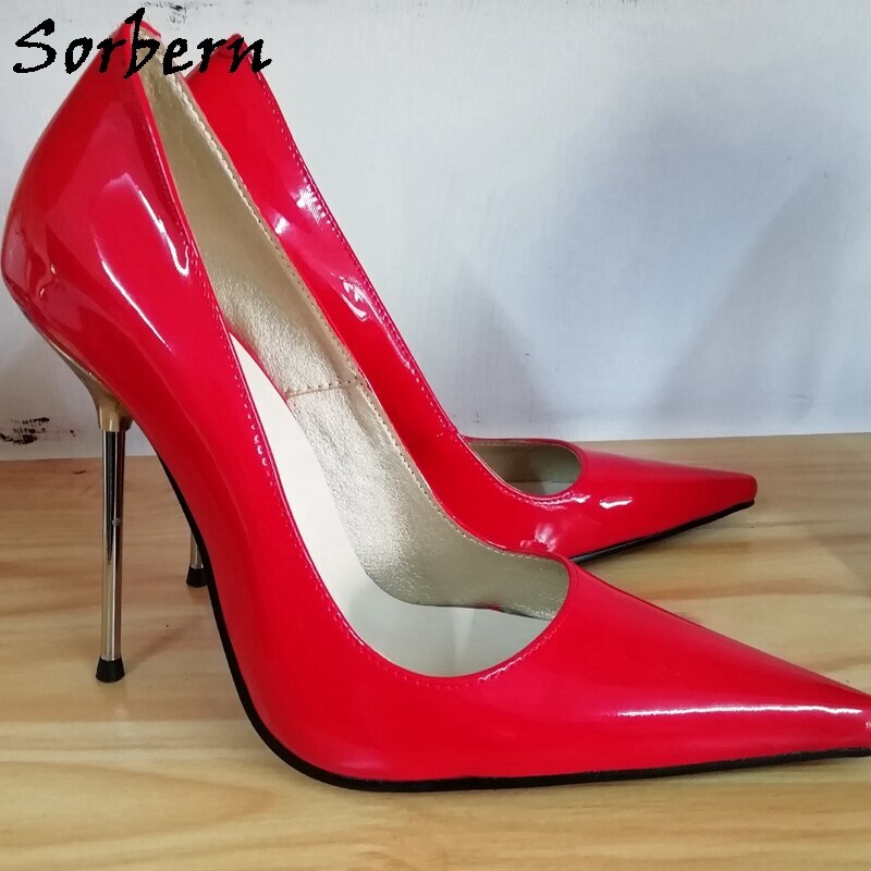 Sorbern Red Shiny Women Pump Dress Shoes Gold Metal High Heels Pointed Toe Slip On Club Footwear 13Cm Custom Colors